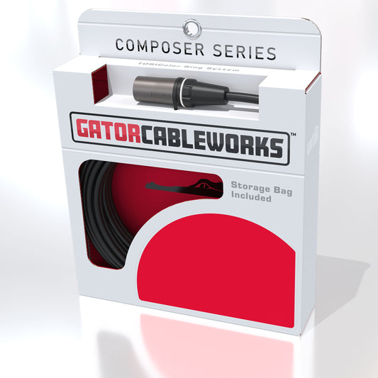 Gator Cableworks 30 foot XLR cable in a white and red box.