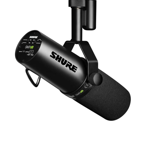 Shure SM7dB side view hanging from stand.