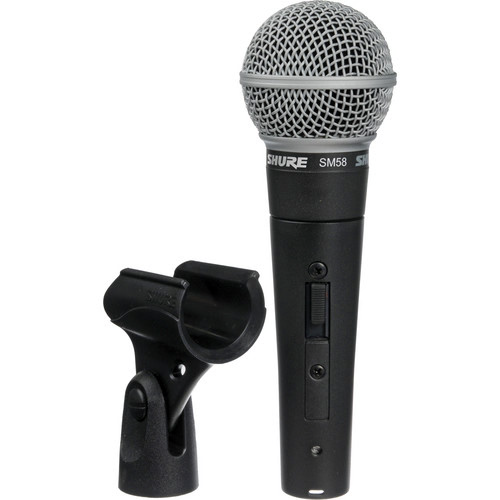 Standing view of SM58S and it's mic clip.